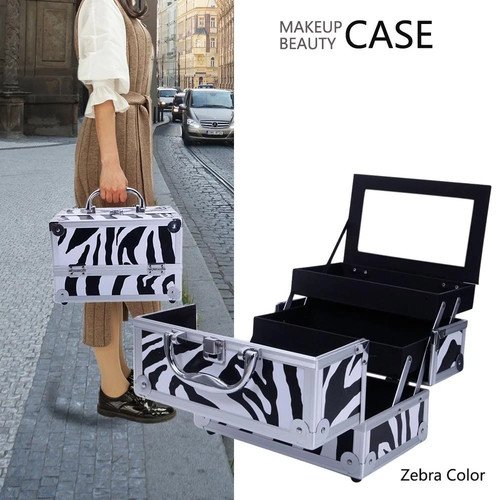 Aluminum Makeup Train Case Jewelry Box Cosmetic Organizer with Mirror Black US